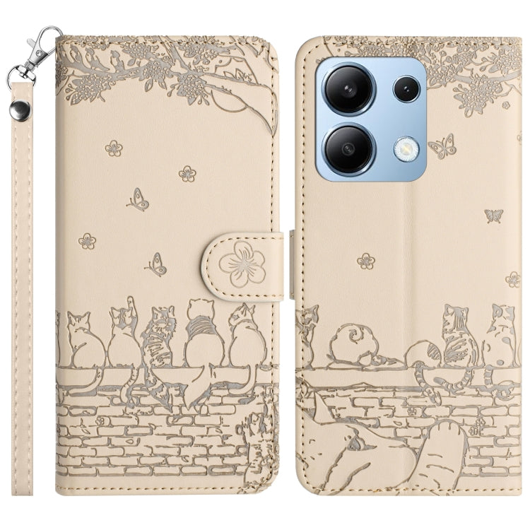 Cream/beige cat embossing pattern leather phone case with lanyard, magnetic flap and card slot