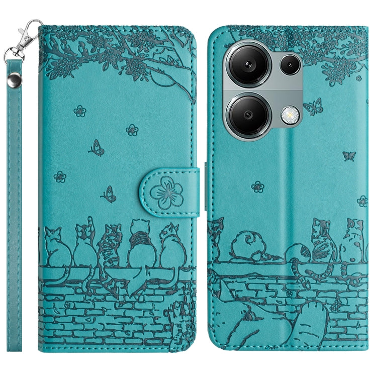Cat embossed leather phone case with lanyard, teal blue, front and back view