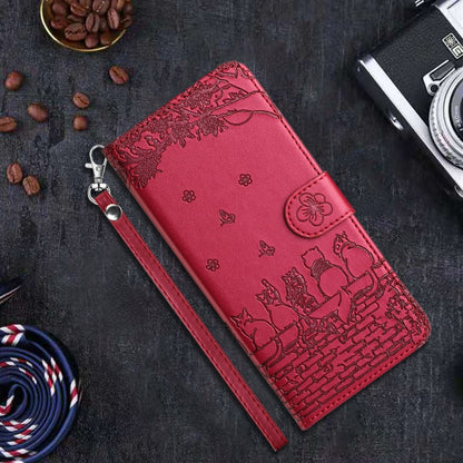 Red cat-pattern leather phone case with lanyard strap, magnetic flap.