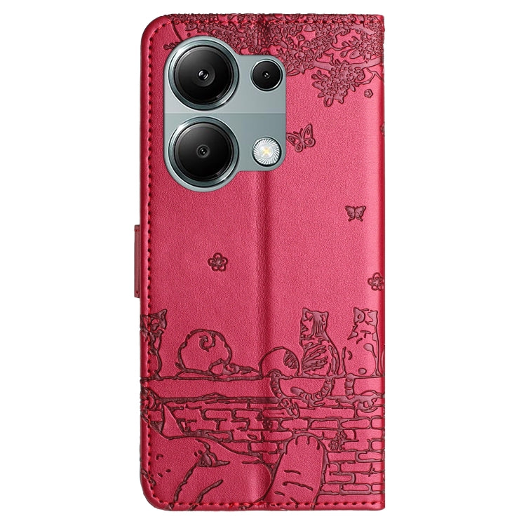 Red cat-embossed leather phone case with cutout for triple camera.