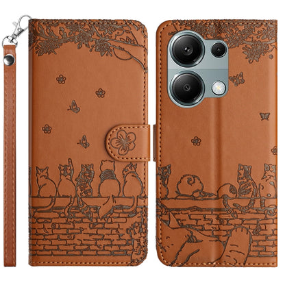 Brown embossed cat pattern leather phone case with lanyard, wallet style.