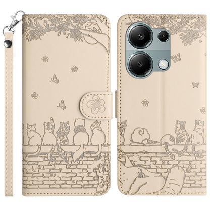 Cat embossed leather phone case with lanyard, beige, front and back view