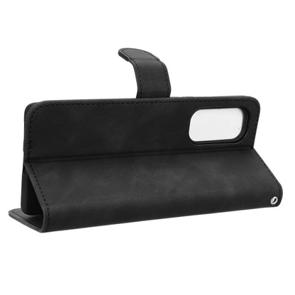 Black leather folio phone case with flip stand and side button cutout