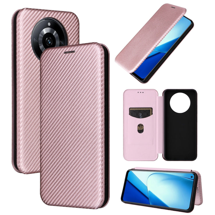 Flip wallet phone case with carbon fiber texture, rose pink—card slot and camera cutout.
