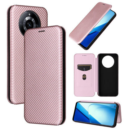 Flip wallet phone case with carbon fiber texture, rose pink—card slot and camera cutout.