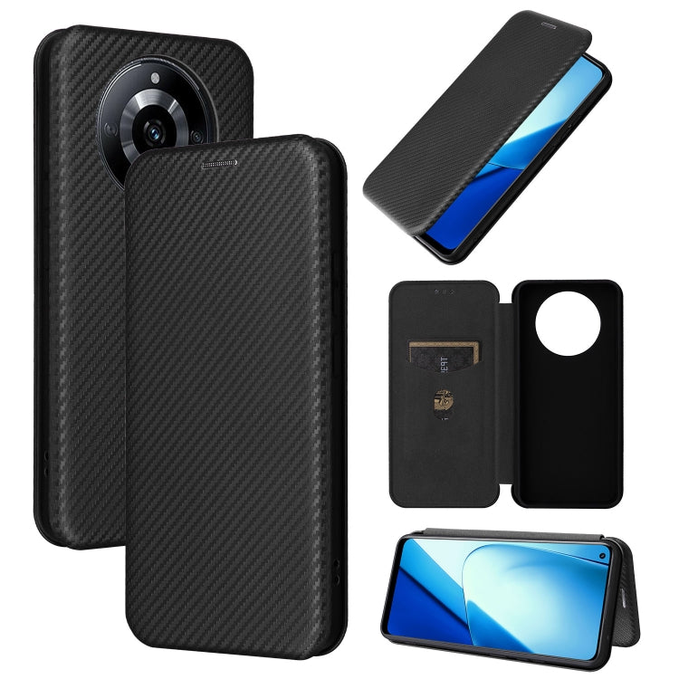 Flip wallet phone case with carbon fiber texture, black—front circular window for access.