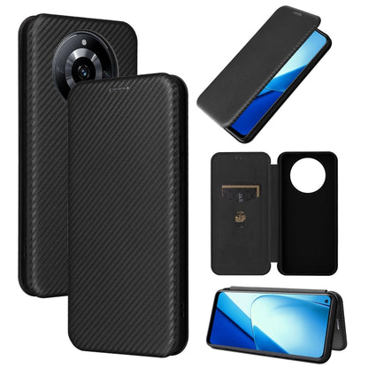 Flip wallet phone case with carbon fiber texture, black—front circular window for access.