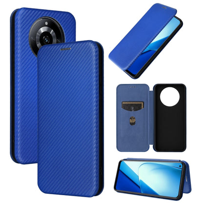 Flip wallet phone case with carbon fiber texture, blue—card slot and circular front window.