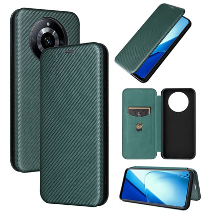 Flip wallet phone case with carbon fiber texture, green—card slot and circular front window.