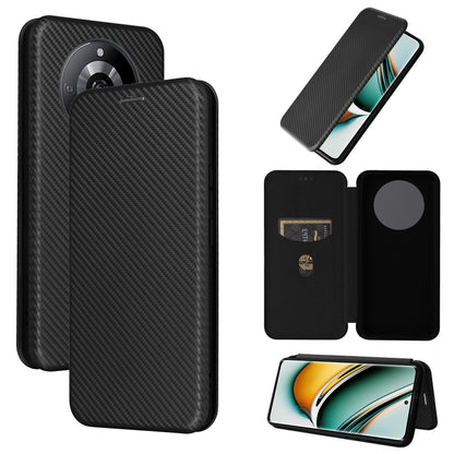 Carbon fiber textured flip leather phone case, black with circular finger slot