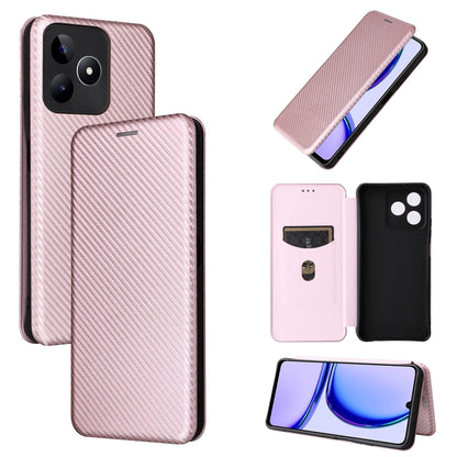 Flip wallet phone case with carbon fiber texture, light pink—card slot and camera cutout.