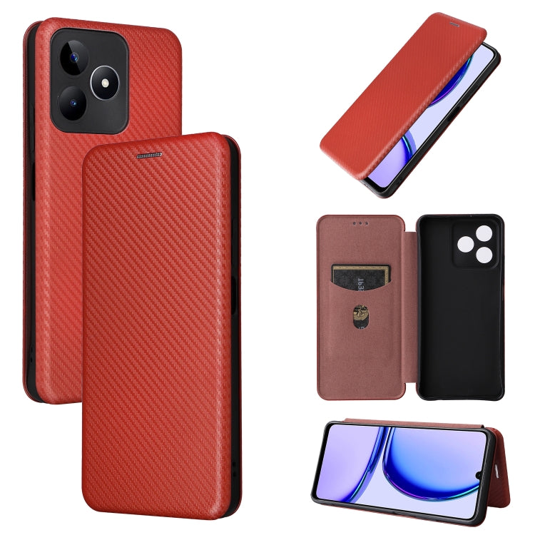 Flip wallet phone case with carbon fiber texture, red—front circular window for access.