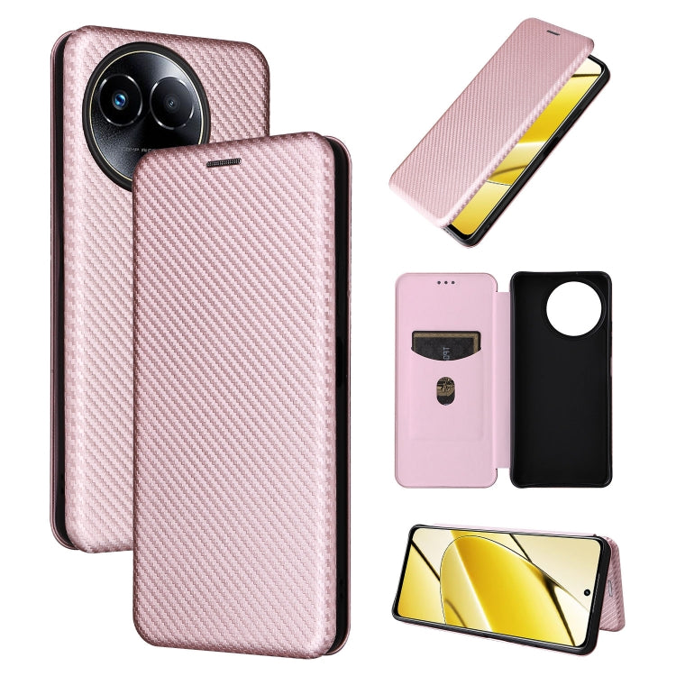 Pink flip leather phone case with carbon fiber texture, rear camera cutouts and front cover