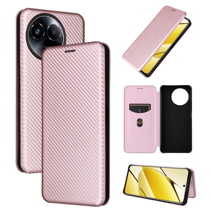 Pink flip leather phone case with carbon fiber texture, rear camera cutouts and front cover