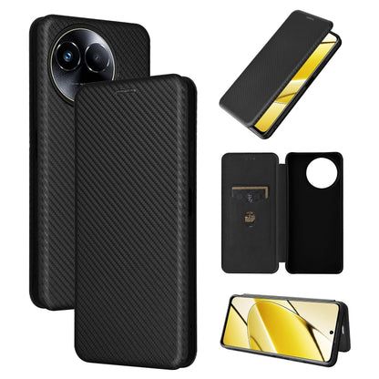 Black flip leather phone case with carbon fiber texture, rear camera cutouts and front cover