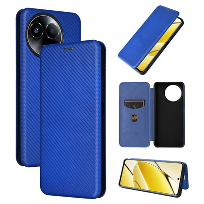 Blue flip leather phone case with carbon fiber texture, rear camera cutouts and front cover