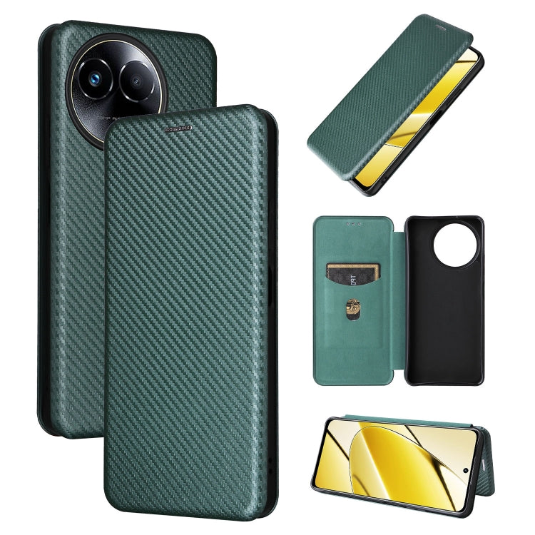 Green flip leather phone case with carbon fiber texture, rear camera cutouts and front cover