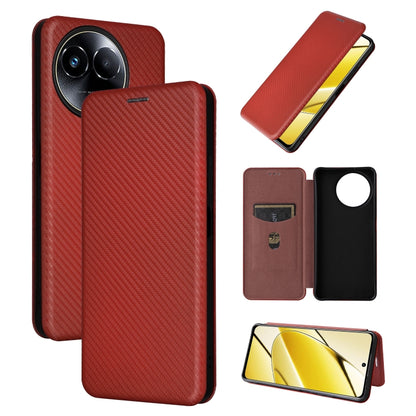 Flip wallet phone case with carbon fiber texture, red—card slot and camera cutout.