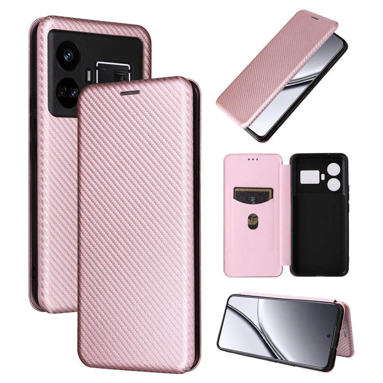Pink flip leather phone case with carbon fiber texture, rear camera cutouts and front cover
