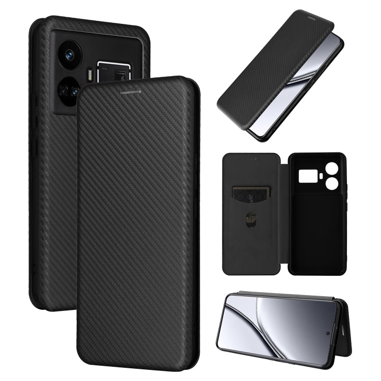 Black flip leather phone case with carbon fiber texture, rear camera cutouts and front cover
