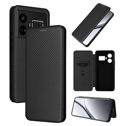 Black flip leather phone case with carbon fiber texture, rear camera cutouts and front cover