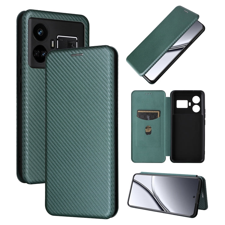 Green flip leather phone case with carbon fiber texture, rear camera cutouts and front cover