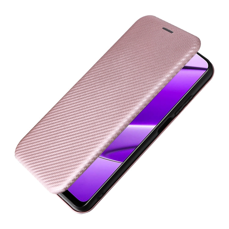 Pink carbon-fiber texture flip phone case with angled side view