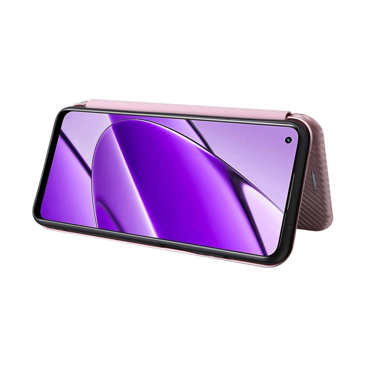 Pink carbon-fiber texture flip phone case holding a phone with purple screen