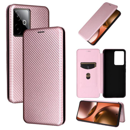 Pink carbon fiber texture flip leather phone case with stand, card holder window