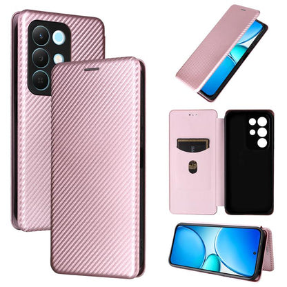 Flip leather phone case with carbon fiber texture, rose/pink, card pocket and camera cutouts