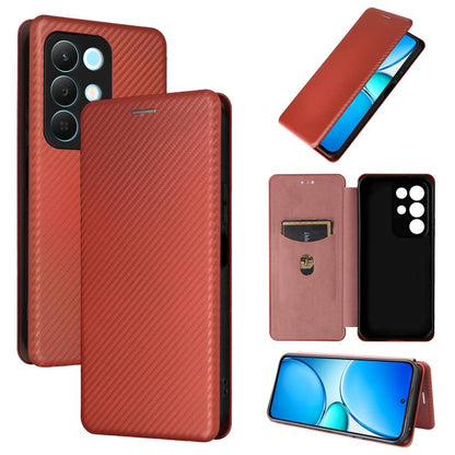 Flip leather phone case with carbon fiber texture, rust red, card pocket, camera cutouts