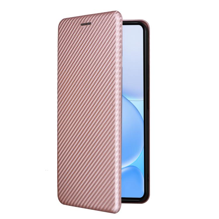 Pink carbon fiber texture flip phone case showing front cover and side cutout