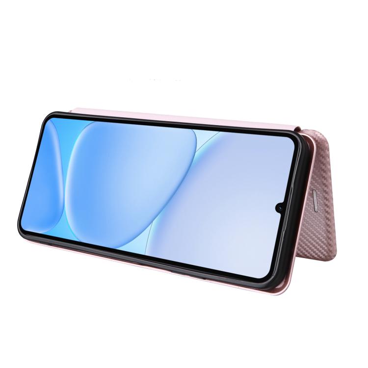 Pink carbon fiber texture flip phone case with open front cover