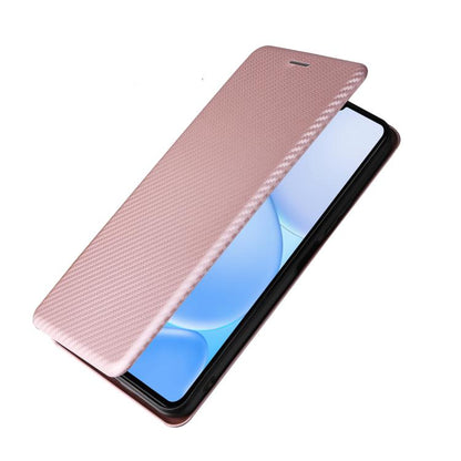 Pink carbon fiber texture flip phone case with angled view of front cover