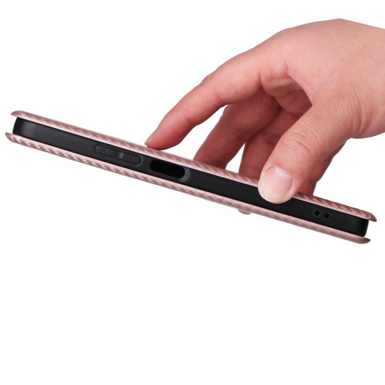 Pink carbon fiber flip phone case side view with buttons and opening