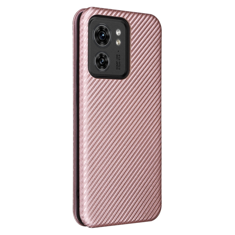 Pink carbon fiber texture flip leather phone case, camera cutout visible