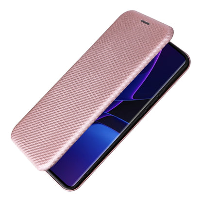 Pink carbon fiber texture flip leather phone case, angled close view
