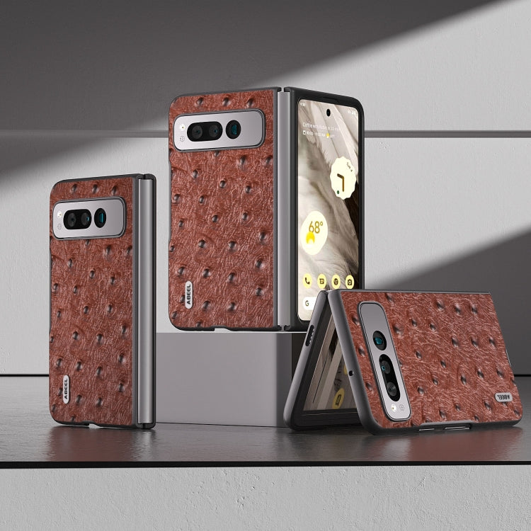 Genuine leather ostrich-texture phone case, brown for Pixel Fold