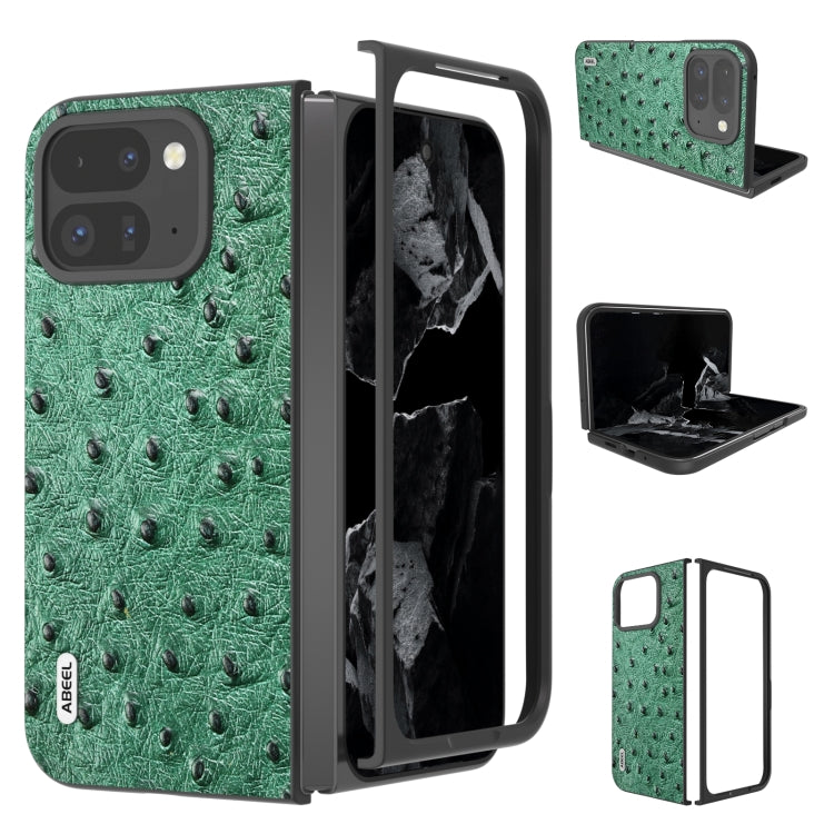 Green ostrich-textured leather fold phone case with protective hinge and camera cutout
