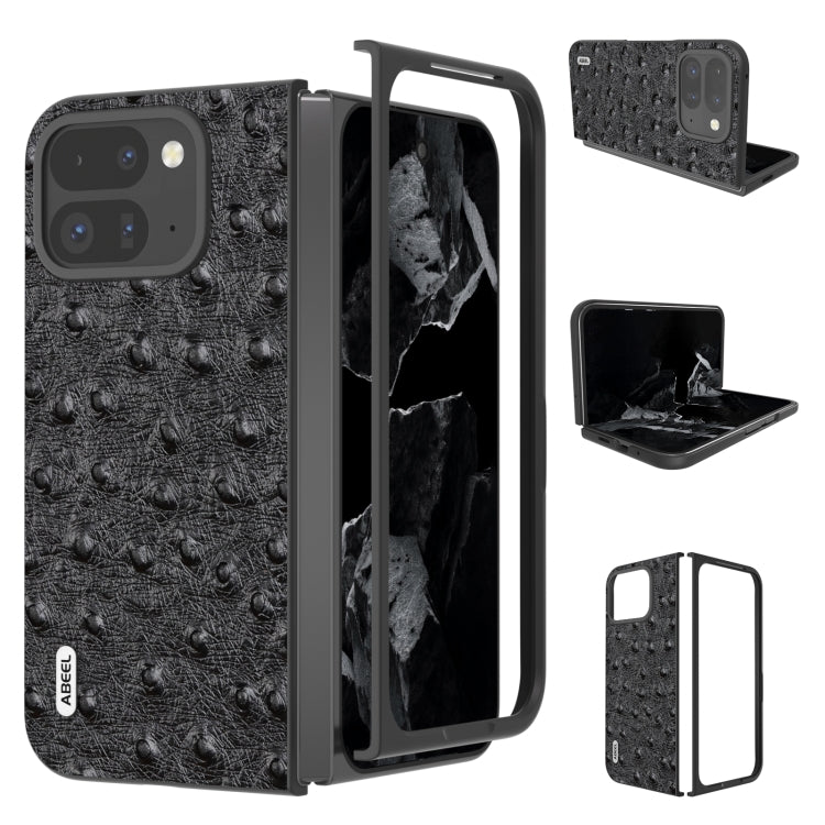 Black ostrich-textured leather fold phone case with protective hinge and camera cutout