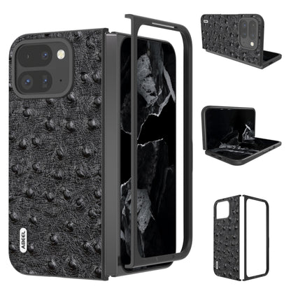 Black ostrich-textured leather fold phone case with protective hinge and camera cutout