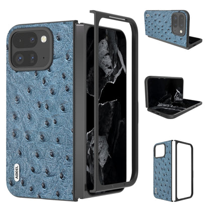 Blue ostrich-textured leather fold phone case with protective hinge and camera cutout