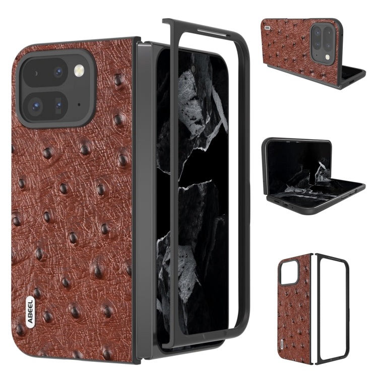 Brown ostrich-textured leather fold phone case with protective hinge and camera cutout