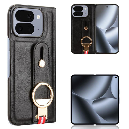 Black leather back phone case with ring wrist strap and camera cutouts