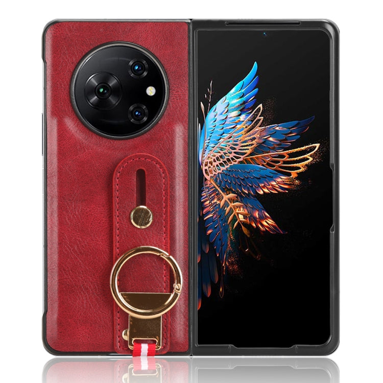 Leather back phone case with wrist strap ring for Tecno Phantom V models, red