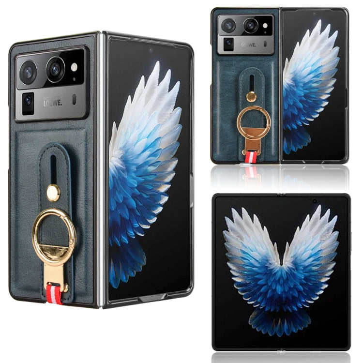 Leather back phone case with wrist strap for Tecno Phantom V models, blue