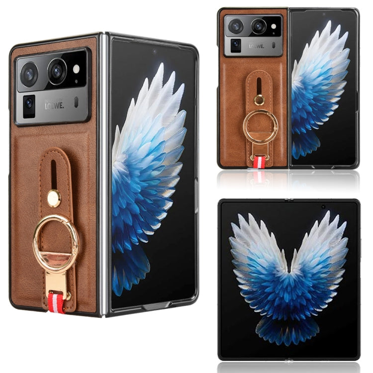 Leather back phone case with wrist strap for Tecno Phantom V models, brown