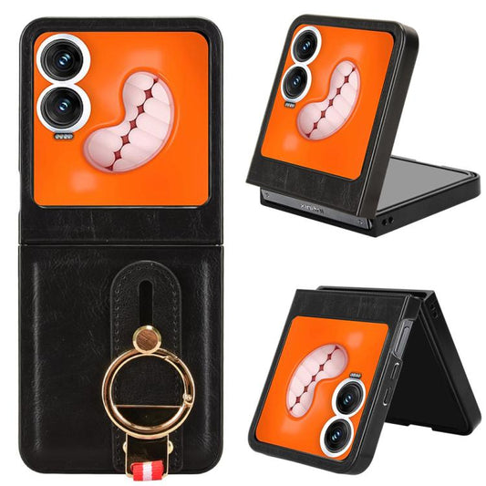 Black leather back phone case with ring holder and lanyard strap, orange paw design