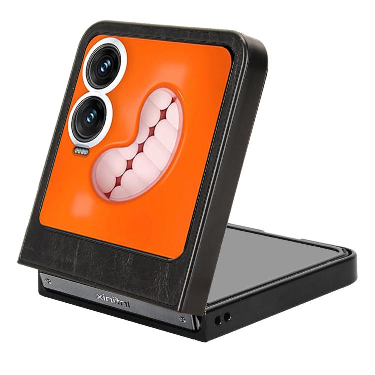 Black leather back phone case with ring holder, orange paw design