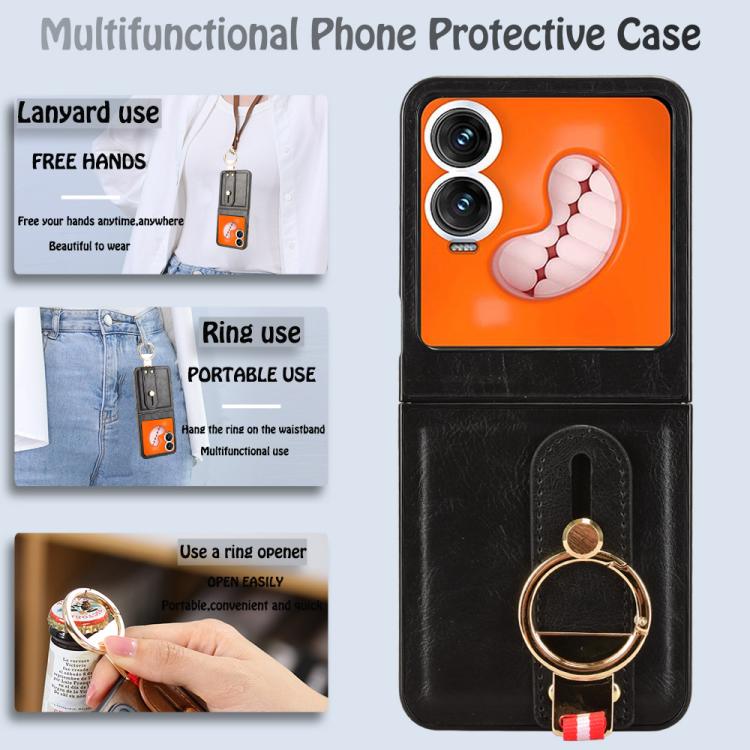 Black leather back phone case with ring holder and lanyard strap, orange paw design
